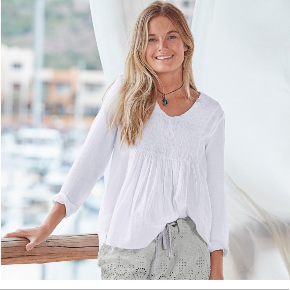 Sundance Summer Breeze Smocked Long Sleeve Top White Small 100% cotton